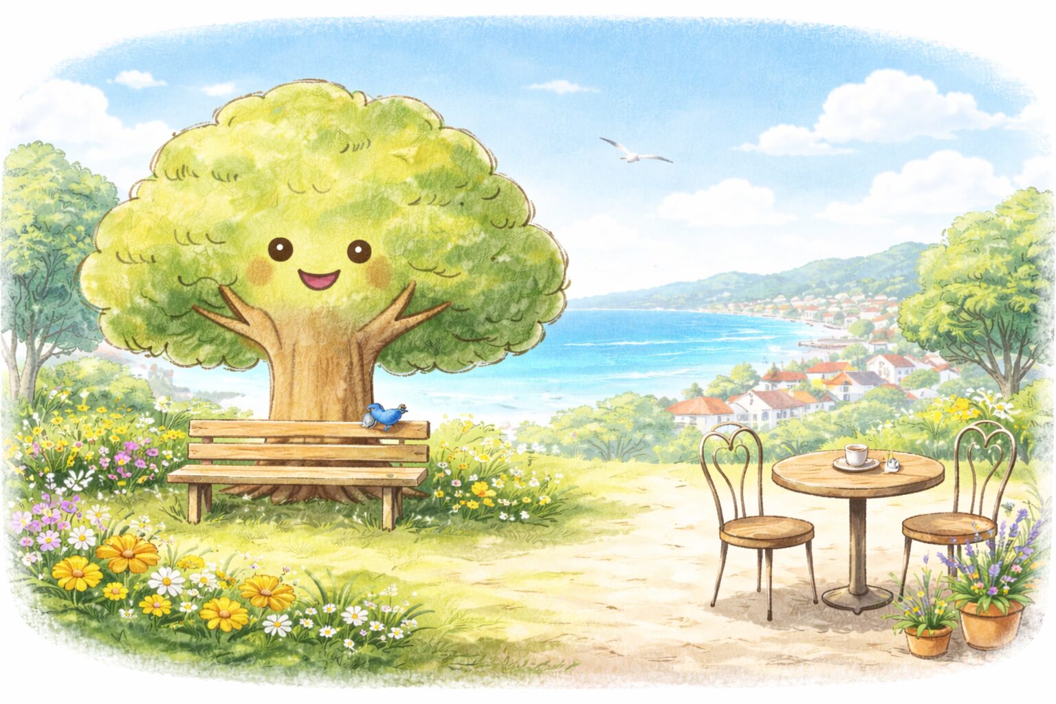 大樹を中心とした海辺の町の風景